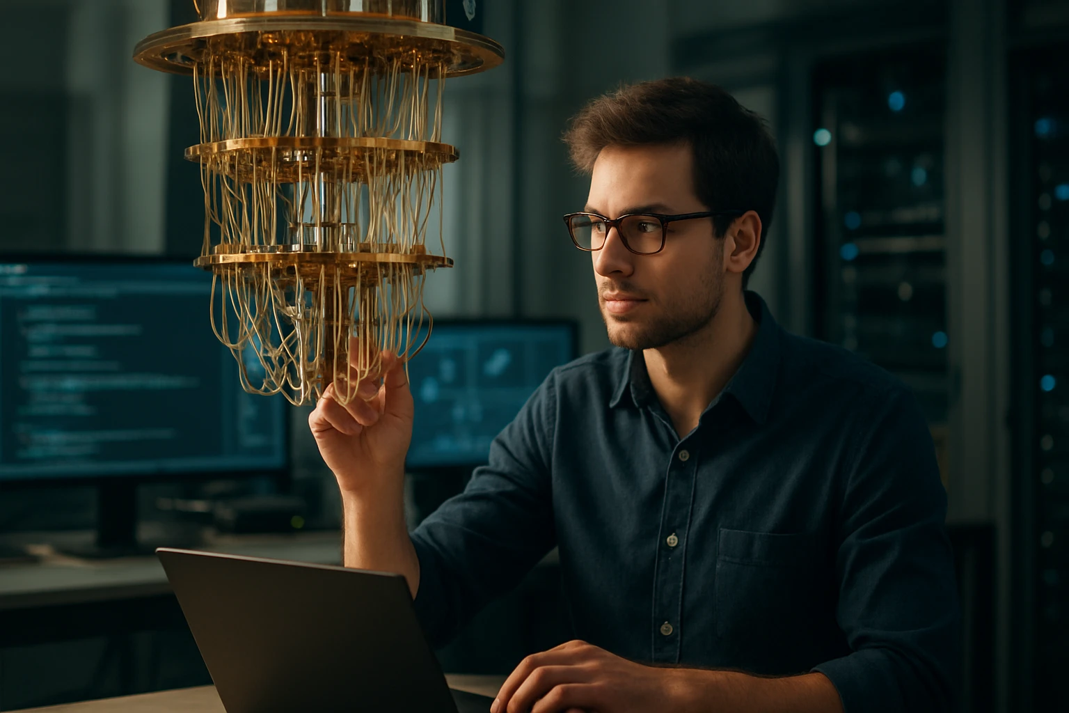 A man in glasses examines a quantum computer in a tech lab.