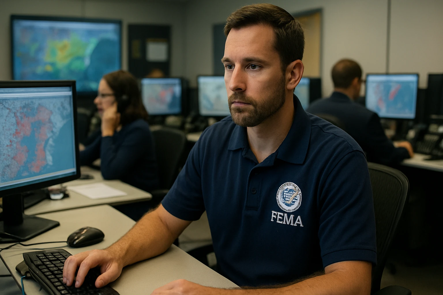 A FEMA employee focused on a computer screen displaying weather data.