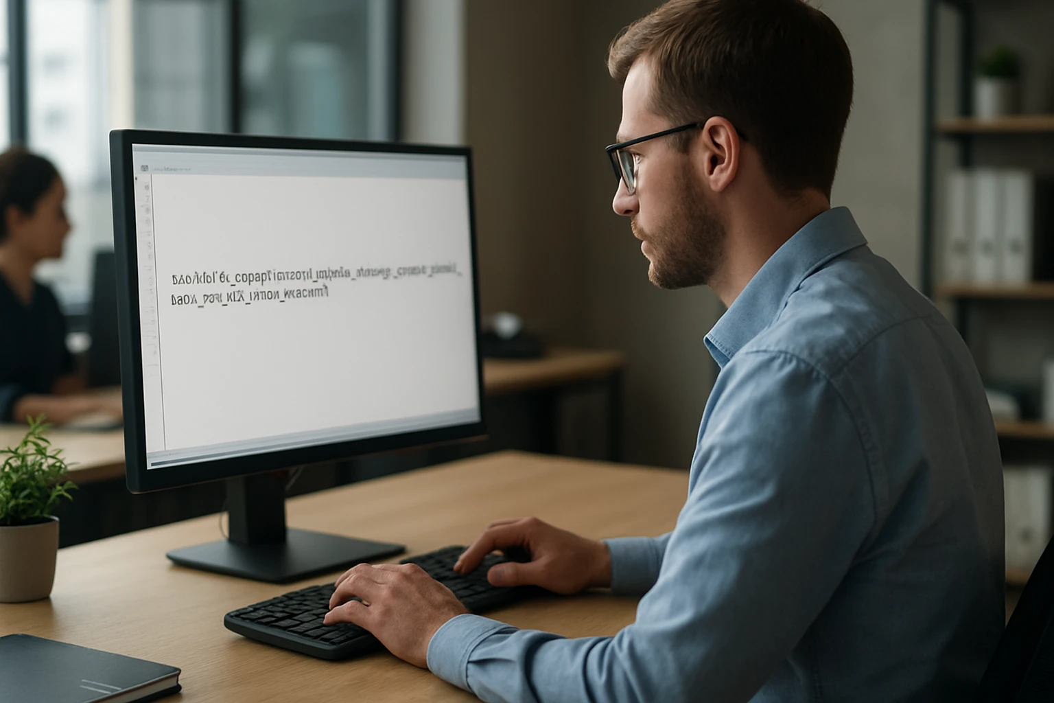 A man working on a computer, focused on the screen displaying text.