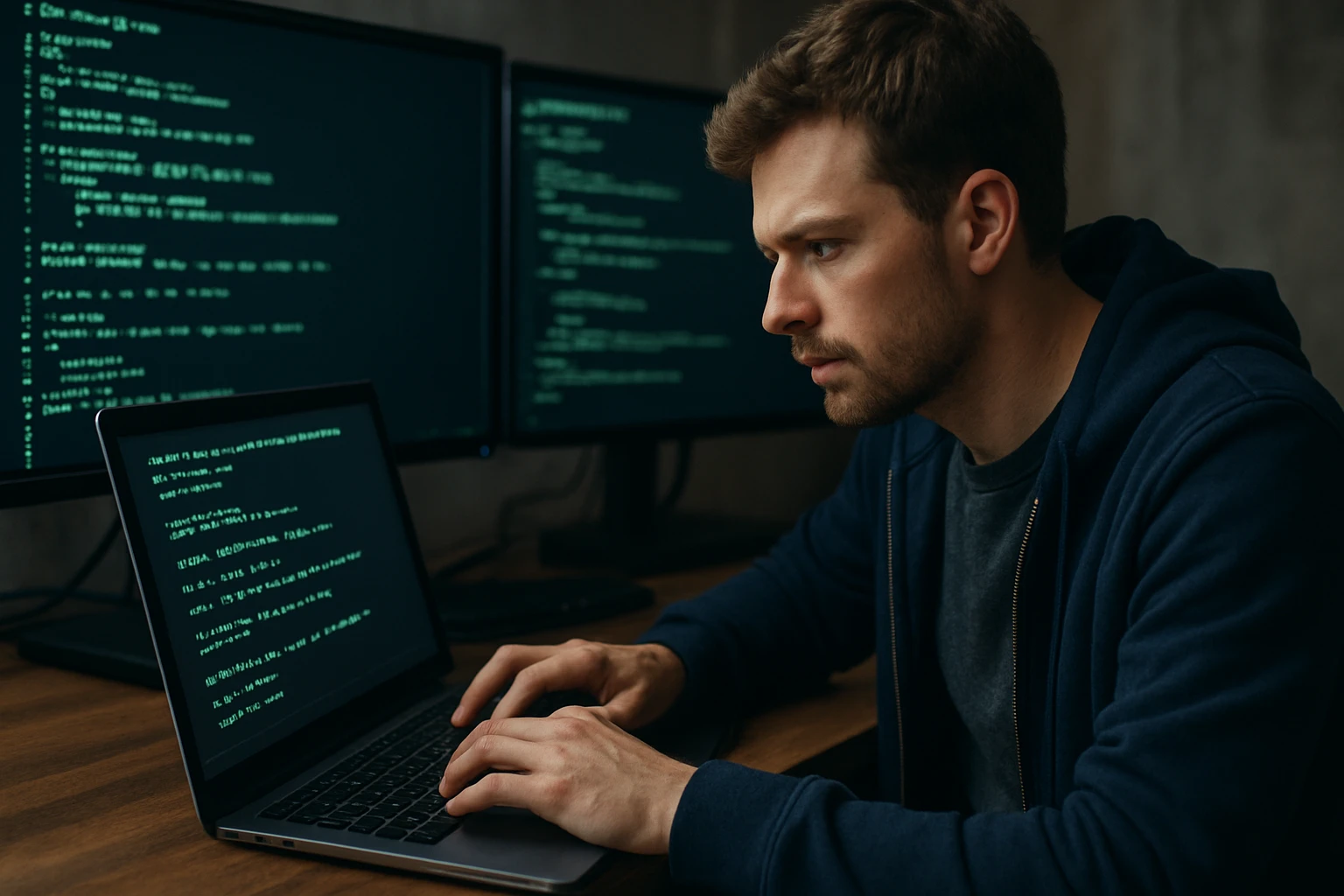 A focused programmer typing on a laptop with code displayed on multiple screens.