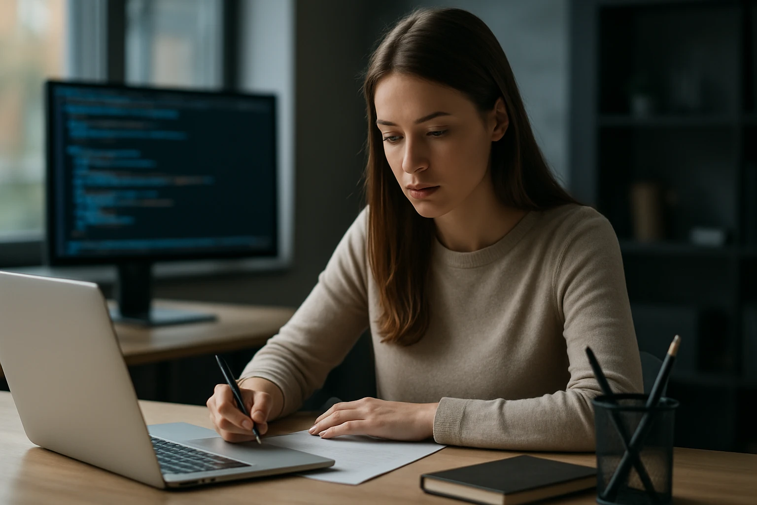 A young woman focused on writing notes while using a laptop in a modern workspace.