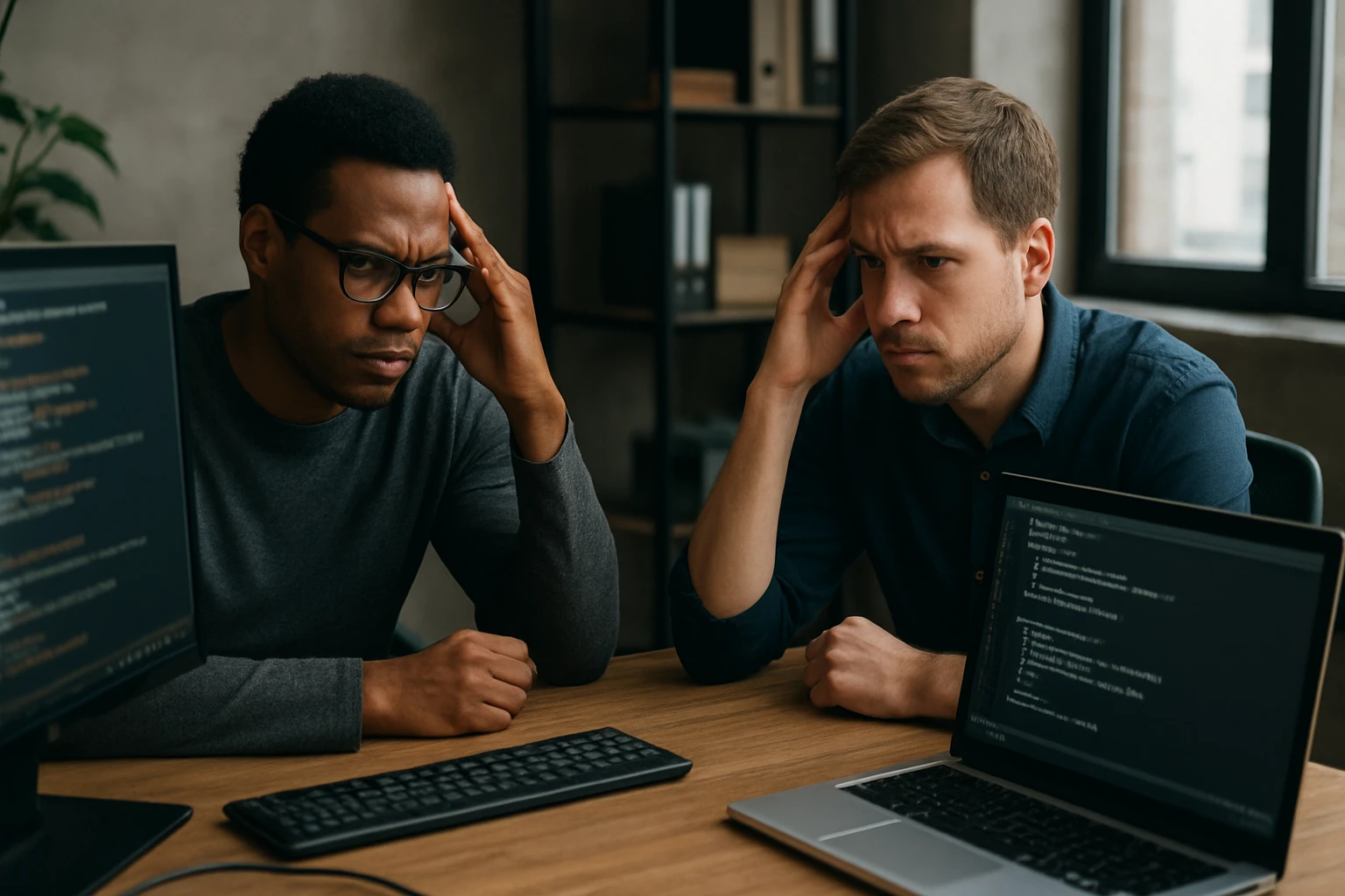 Two stressed programmers focus on their laptops, displaying code errors.
