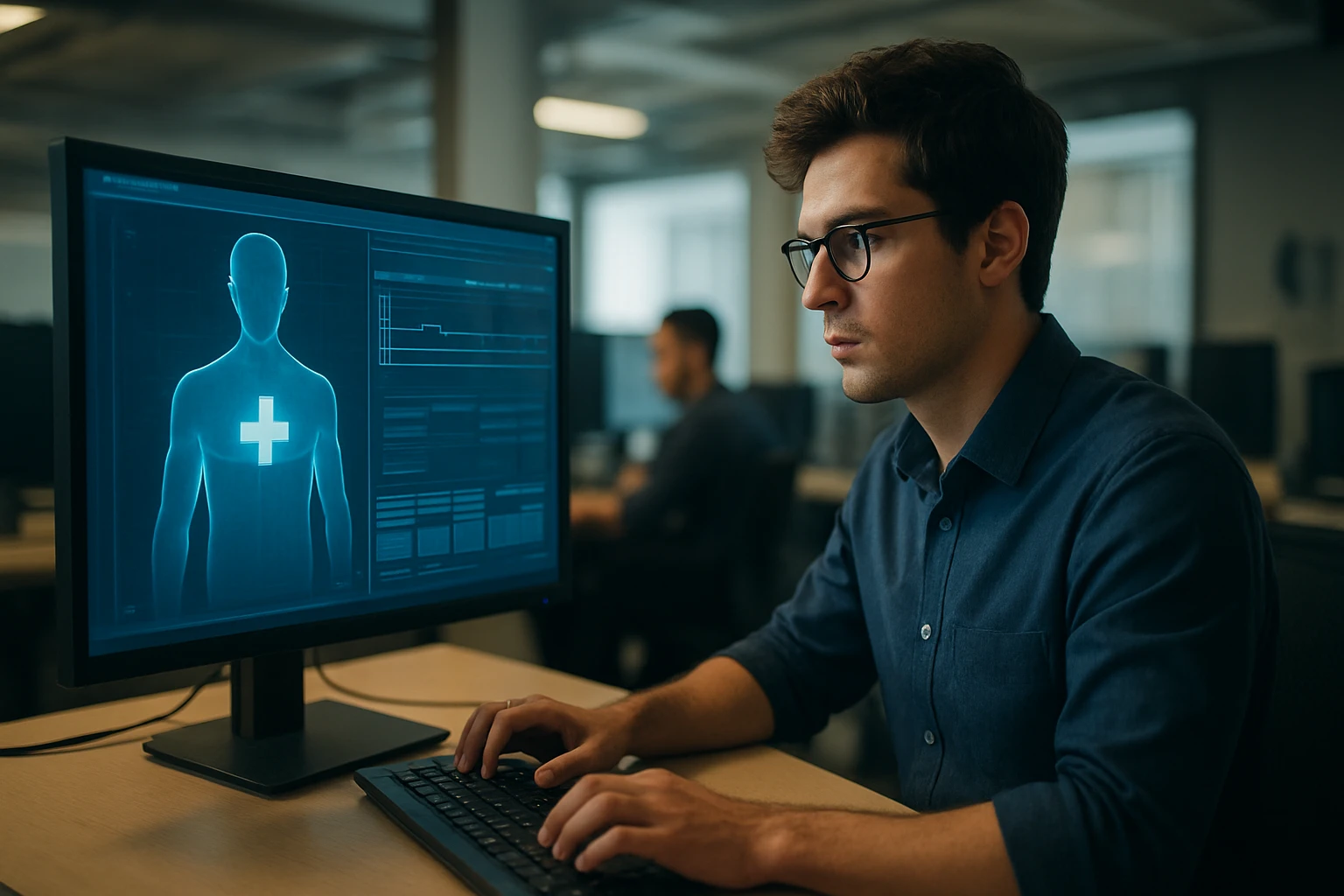 A young man analyzes health data on a computer screen in an office.