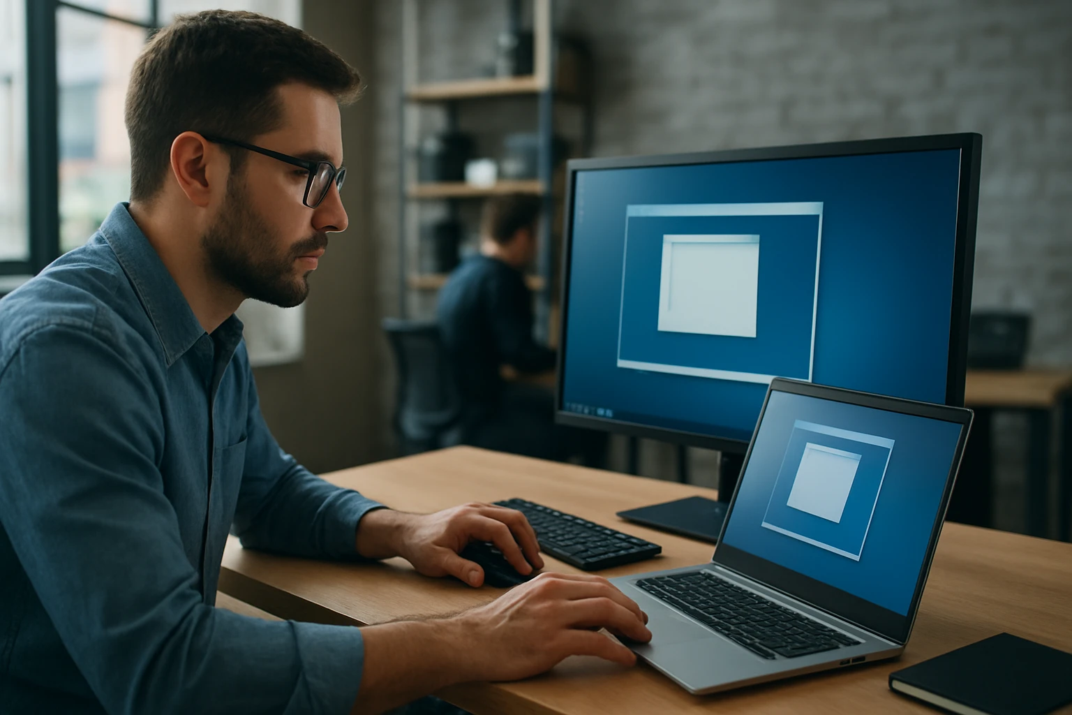 A man working on a laptop with dual monitors in a modern office setting.