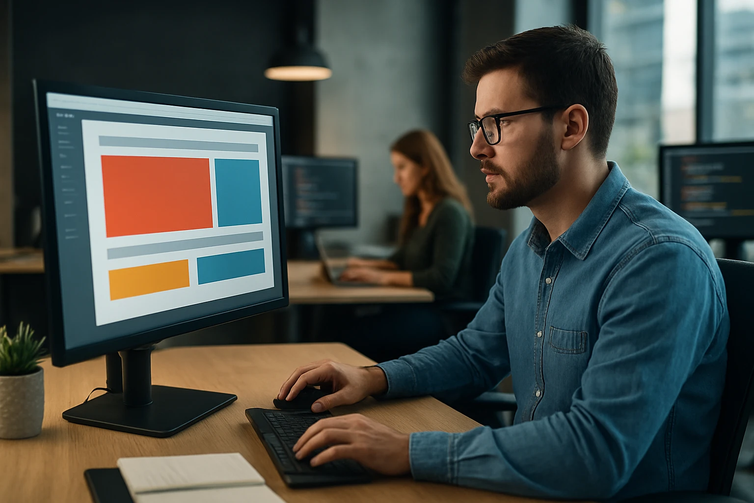 A man working on a computer in a modern office, focused on a colorful user interface design.