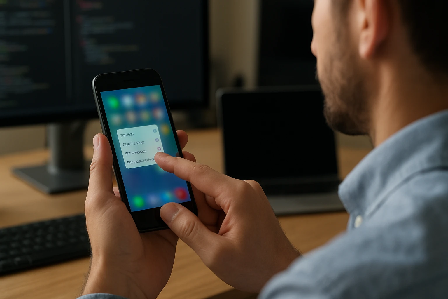 A person using a smartphone to access app settings, with a computer in the background.