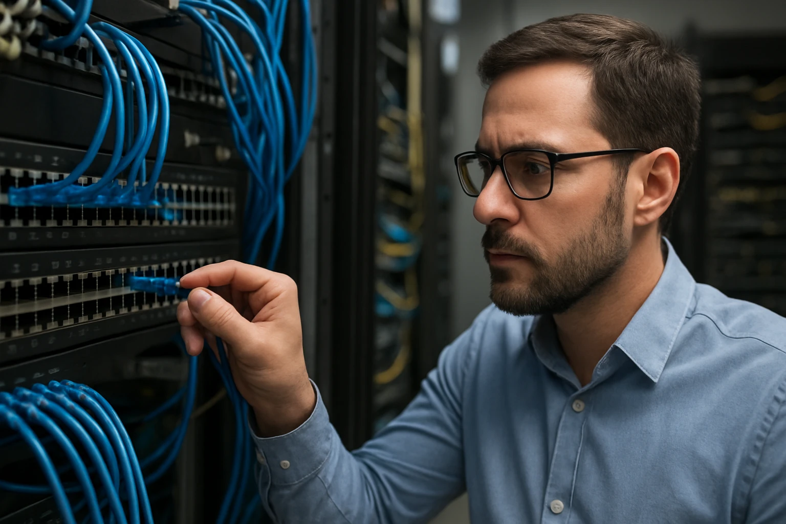A technician adjusts network cables in a server room, focusing intently.