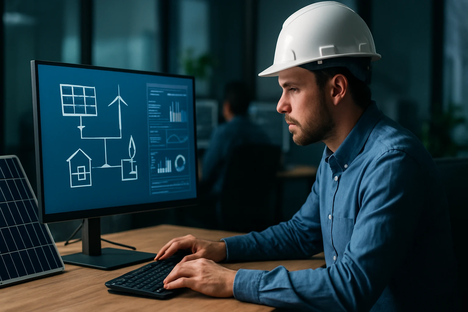 A man in a hard hat analyzes renewable energy data on a computer screen.