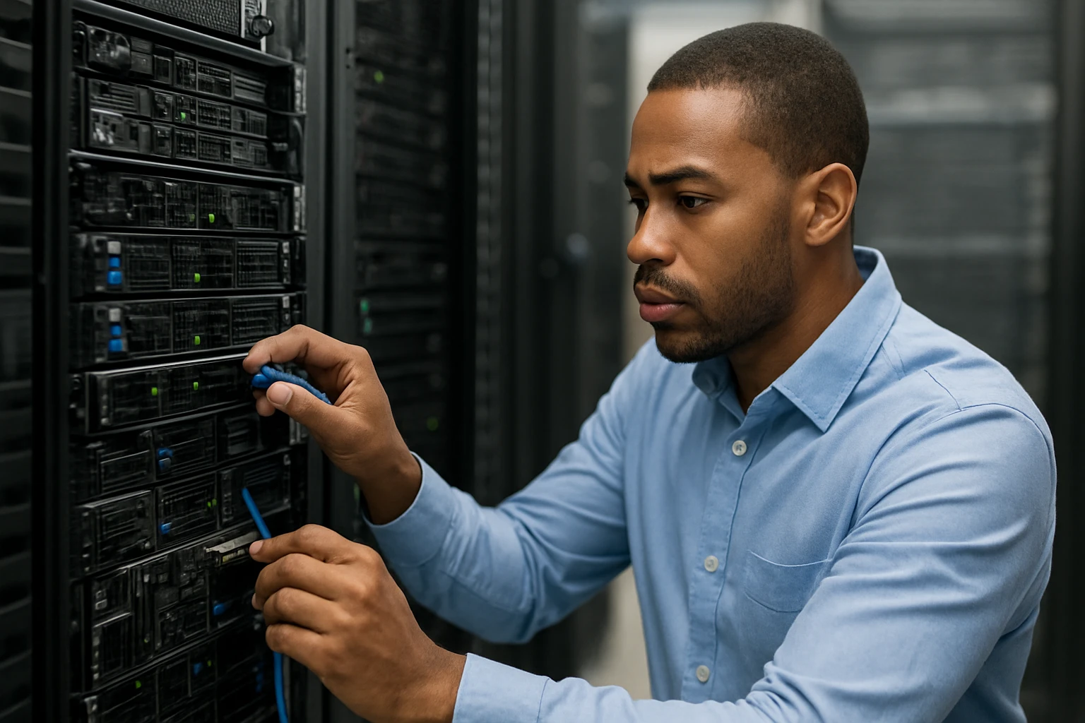 A technician connects cables in a server room, focusing on the equipment.
