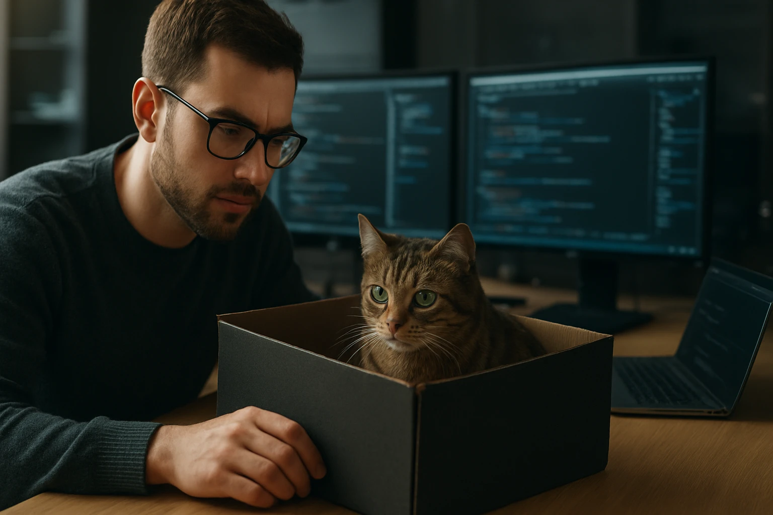A focused man in glasses observes a cat sitting in a box on a desk.