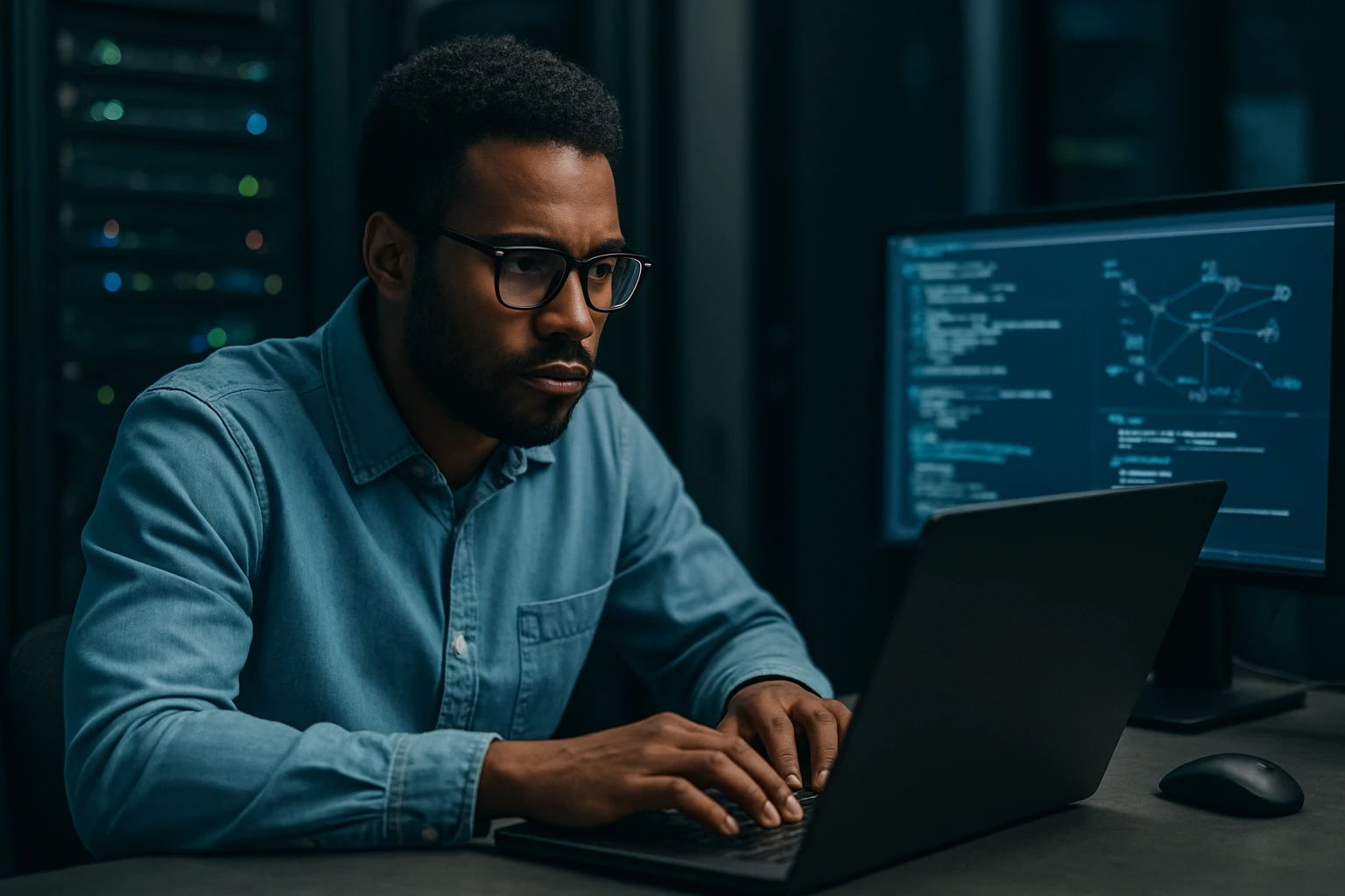 A focused man in glasses works on a laptop in a tech environment.