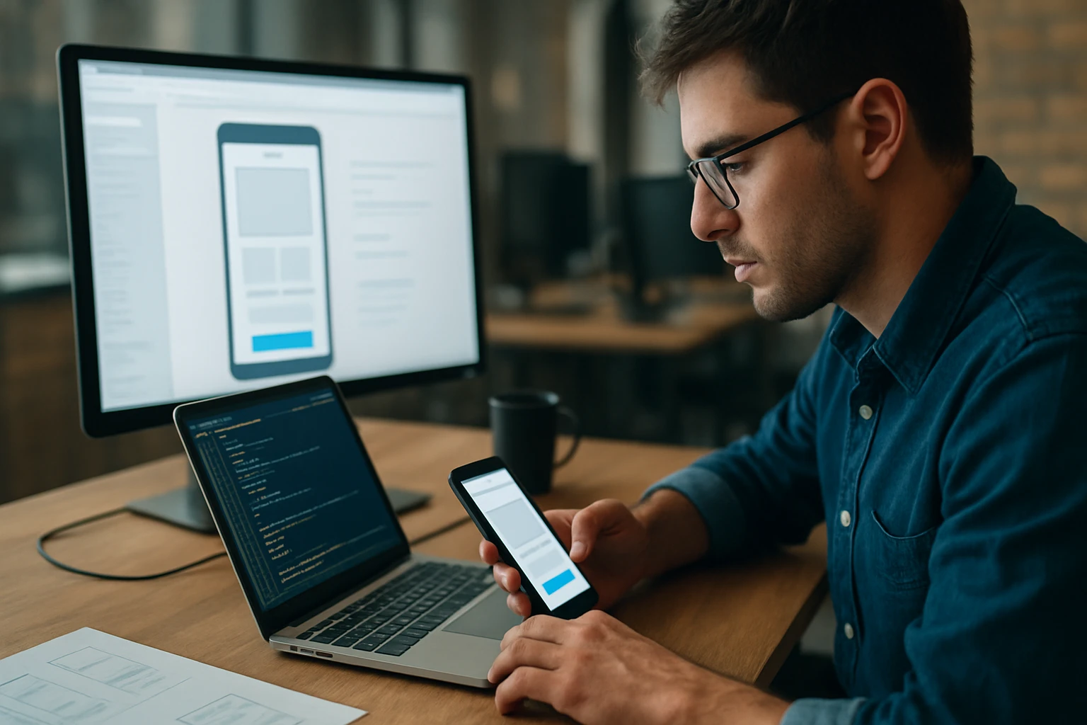 A young man in glasses working on a smartphone while coding on a laptop.