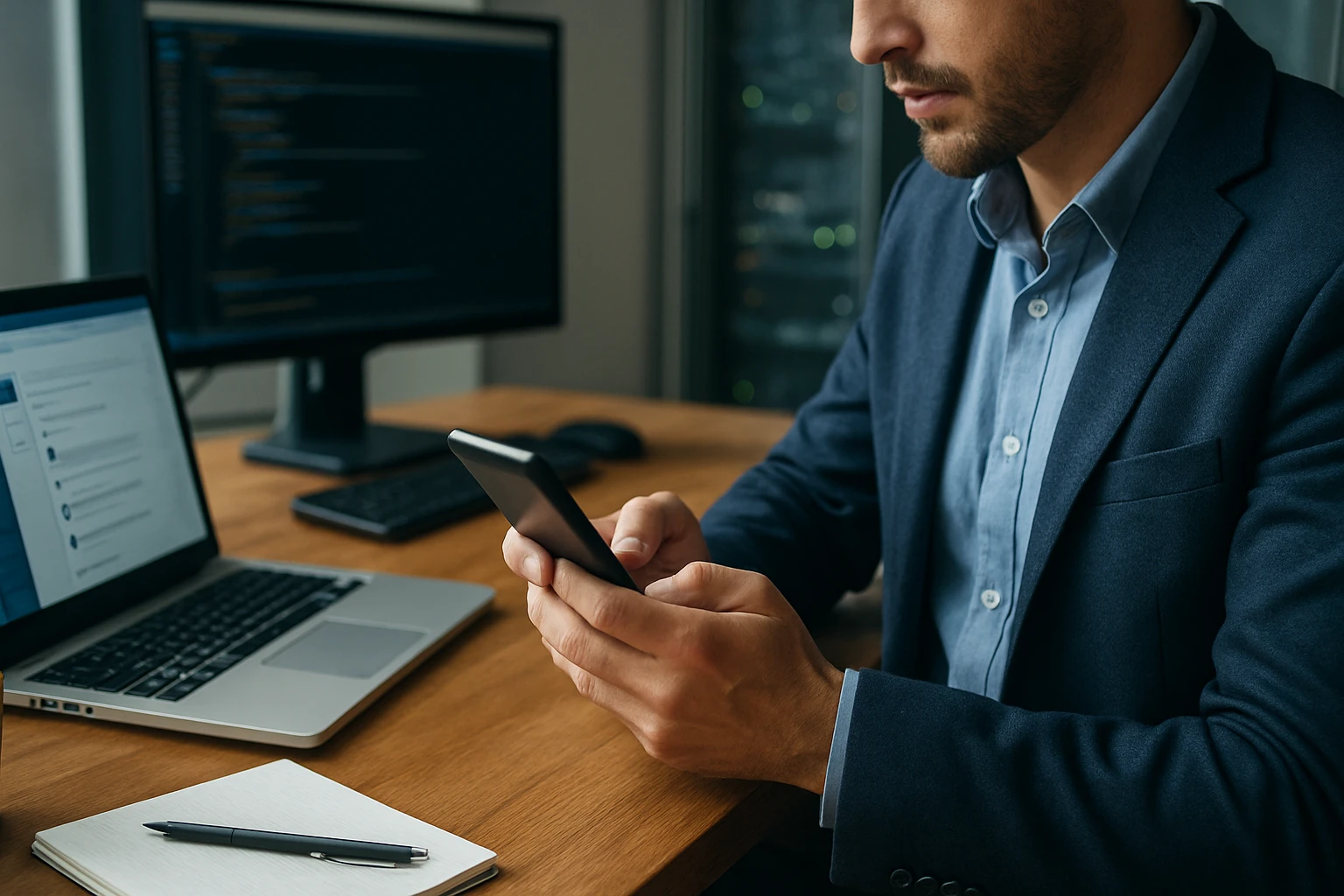 A man in a suit using a smartphone while working at a desk with a laptop and monitor.