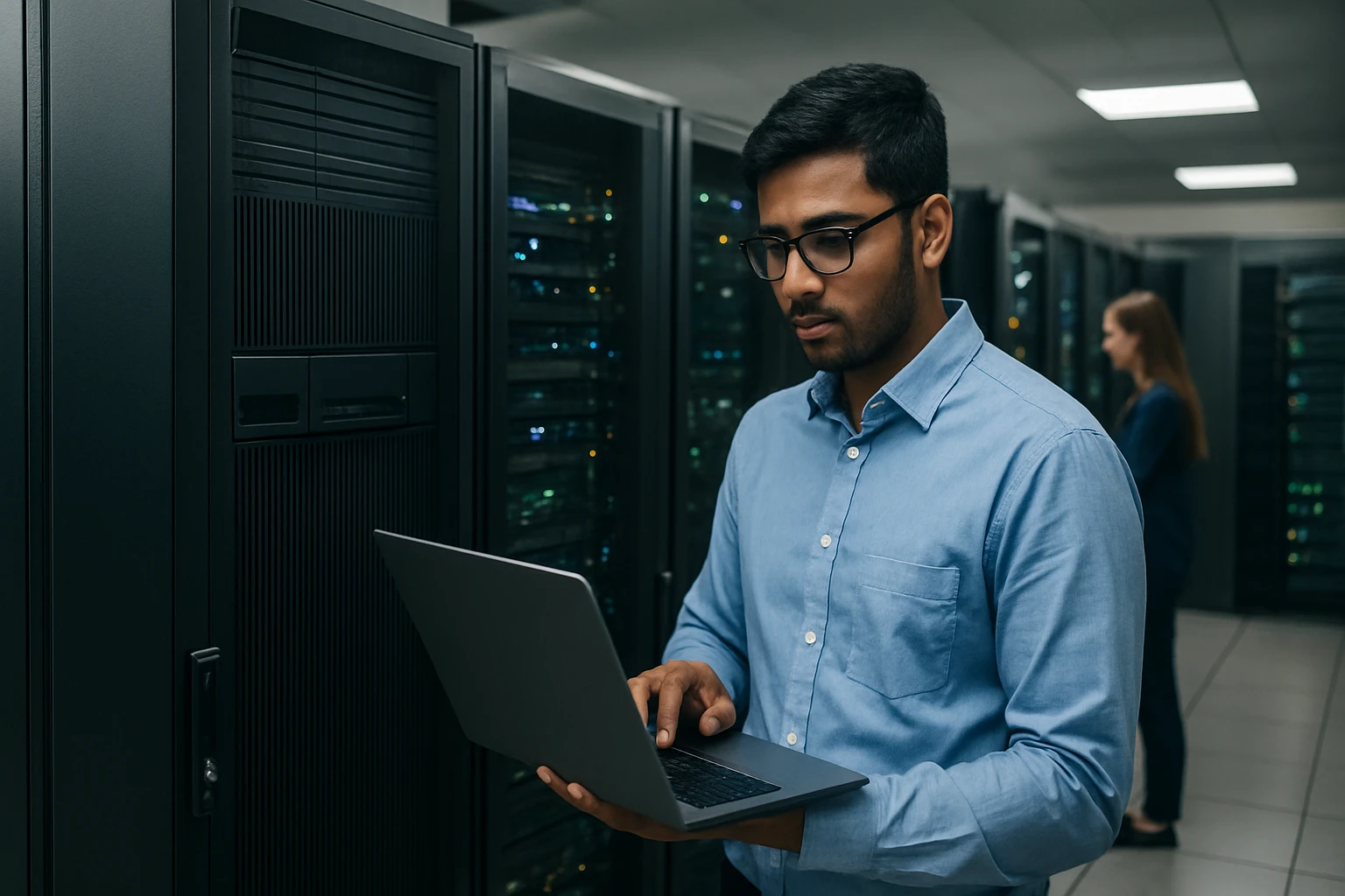 A man in a blue shirt working on a laptop in a server room.