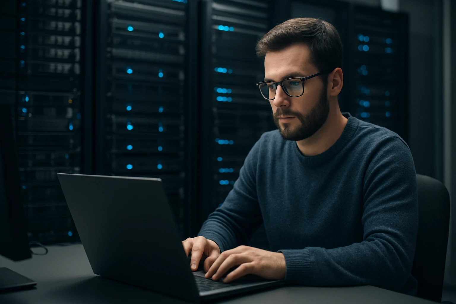 A focused man working on a laptop in a server room with blue lights.
