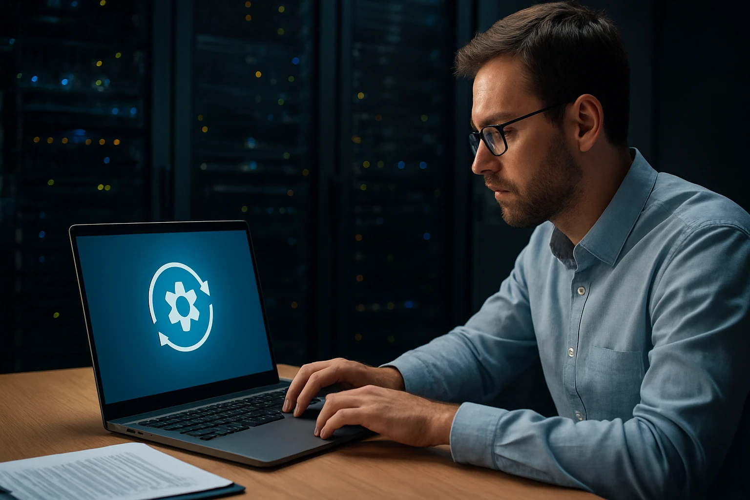 A man working on a laptop displaying a gear and refresh icon in a server room.
