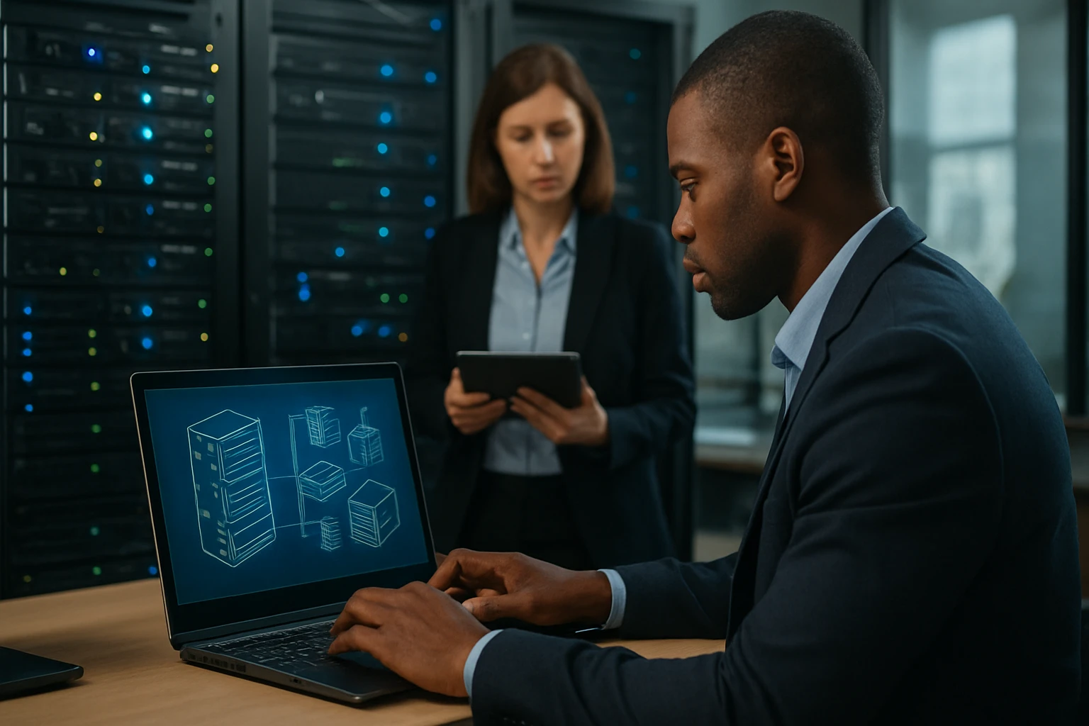 A man in a suit working on a laptop with server graphics, while a woman observes.