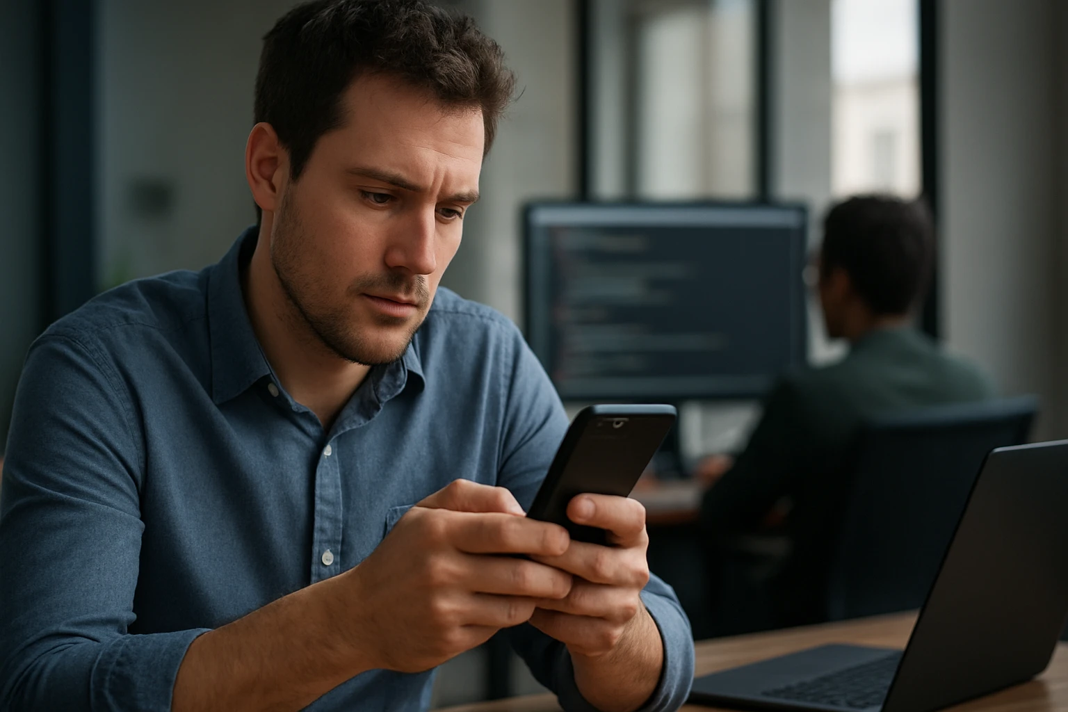 A man focused on his smartphone, seated at a desk with a laptop and a computer in the background.