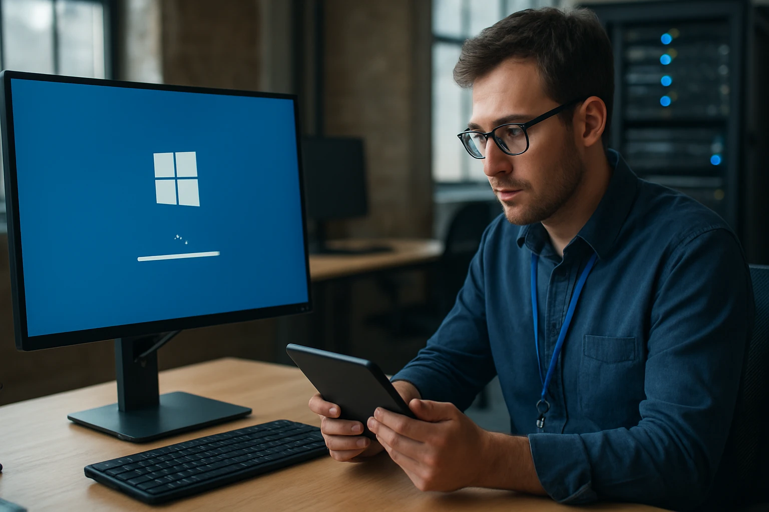 A man in glasses focuses on a tablet while a computer boots up.