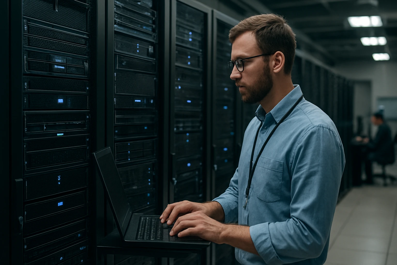 A technician working on a laptop in a server room filled with racks.