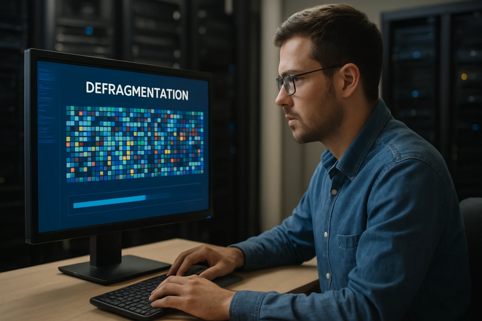 A man working on a computer, focused on a defragmentation process displayed on the screen.