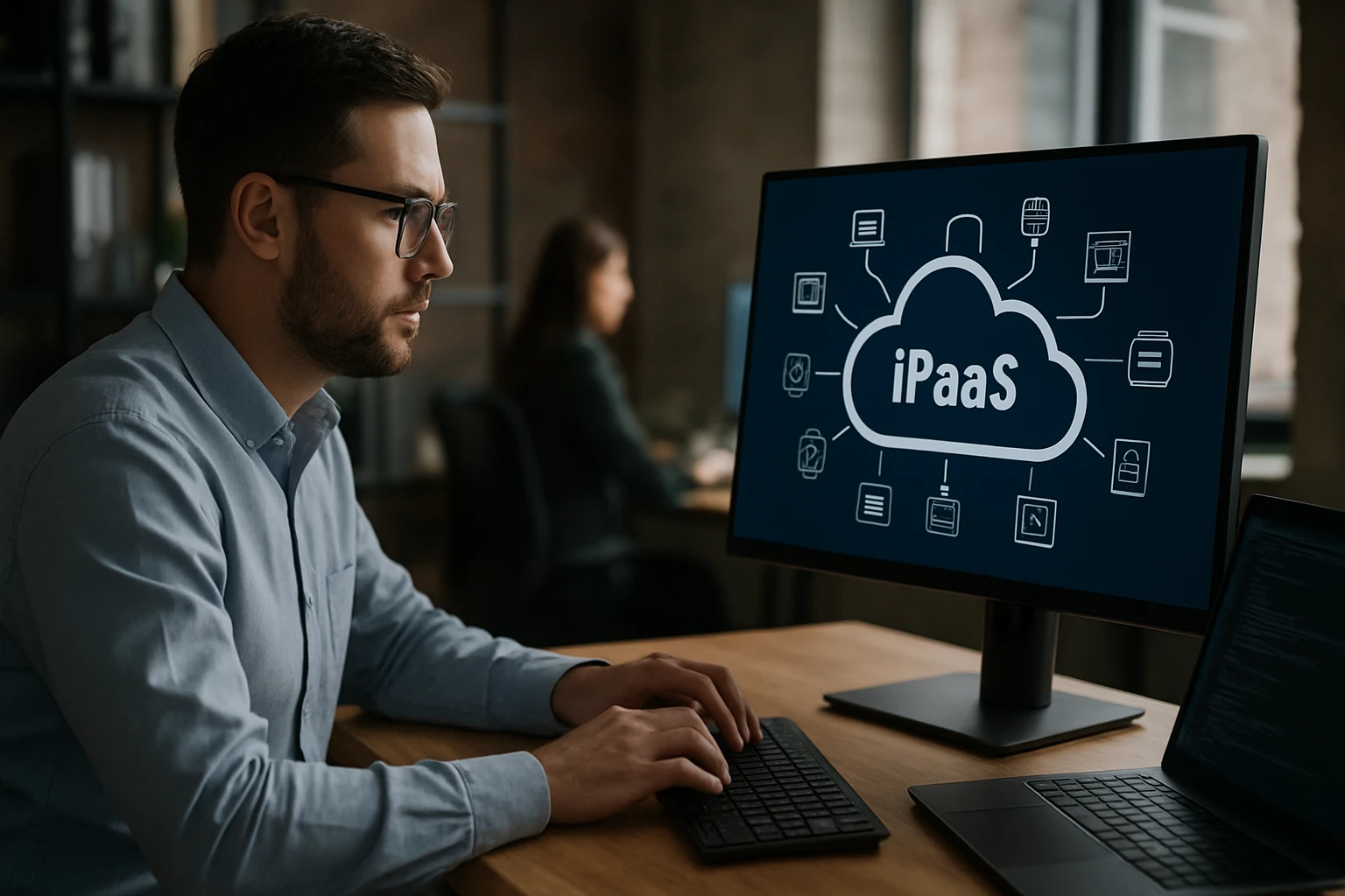 A man working on a computer with an iPaaS cloud graphic on the screen.