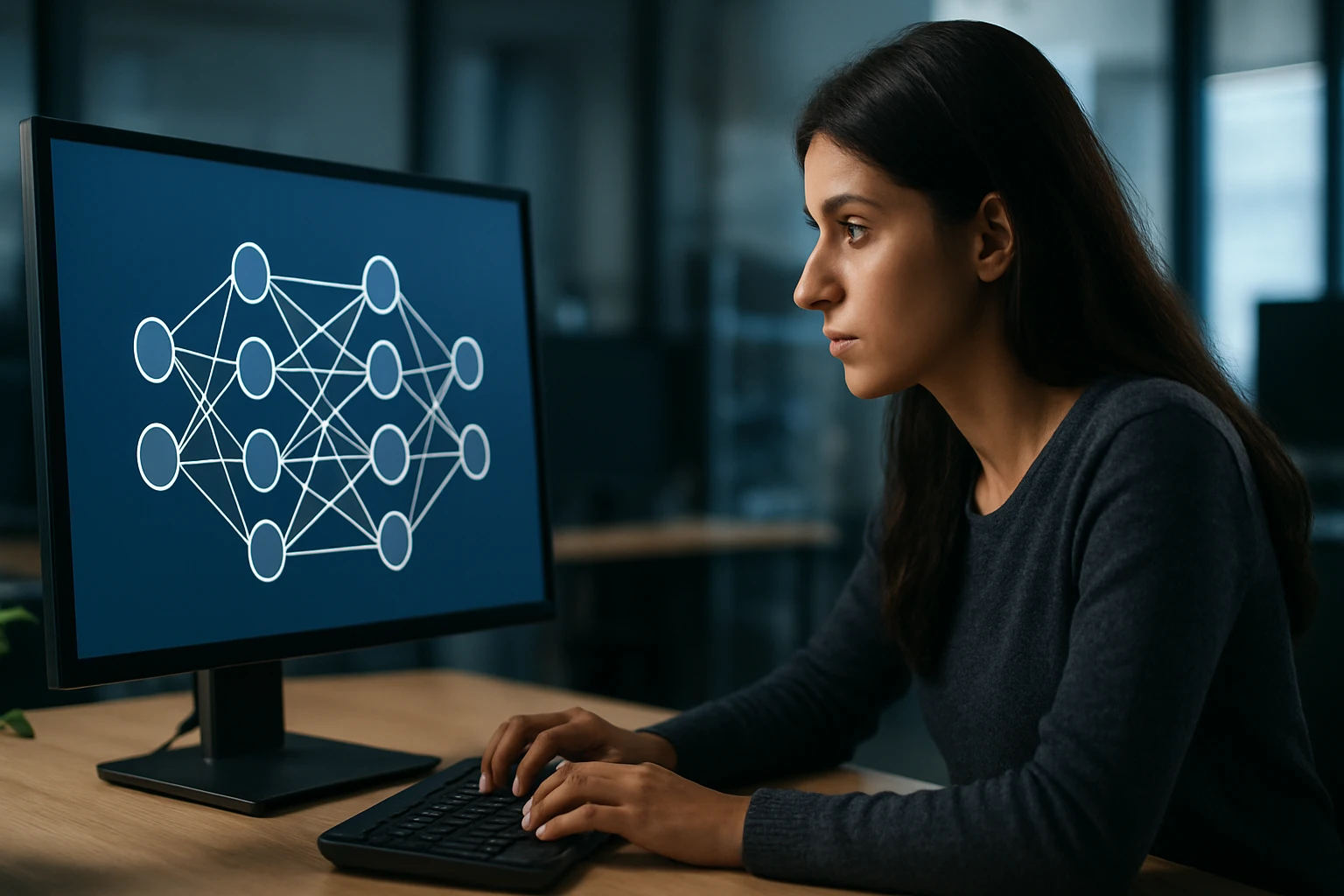 A woman focused on a computer screen displaying a complex network diagram.