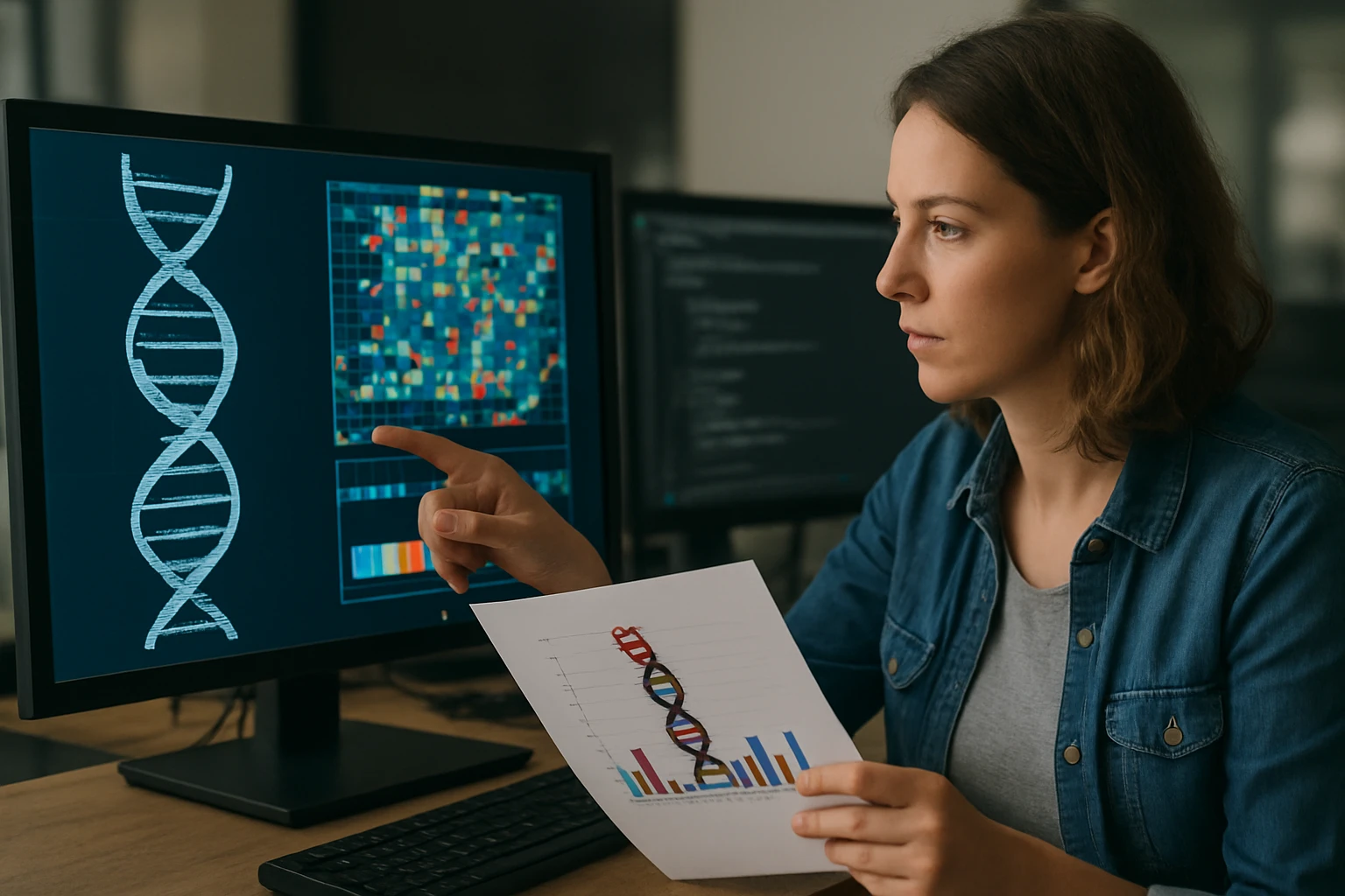 A woman analyzes DNA data on a computer screen while holding a report.