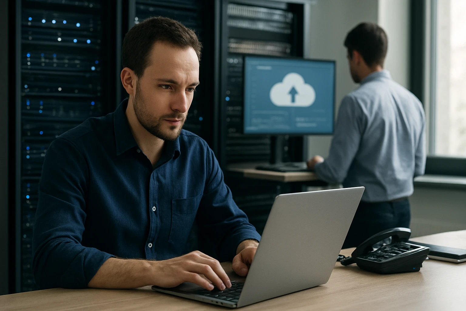 A focused man working on a laptop in a server room, with a cloud upload interface on a monitor.
