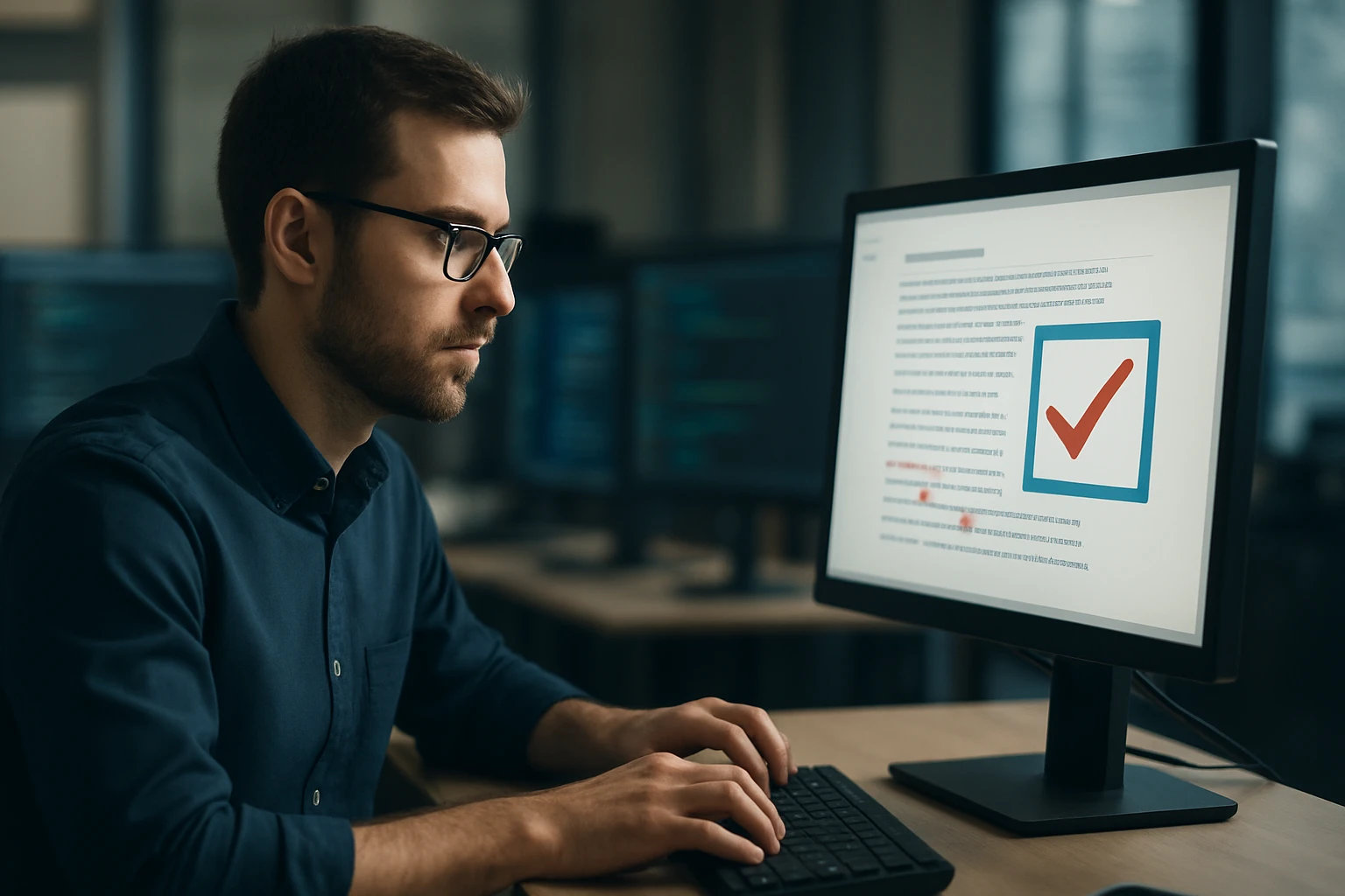 A focused man in glasses reviews code on a computer screen with a checkmark.