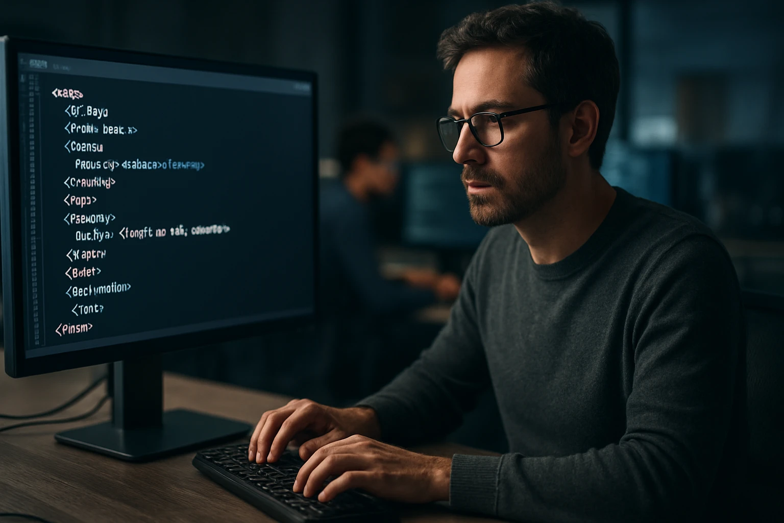 A focused programmer typing code on a computer in a dimly lit office.