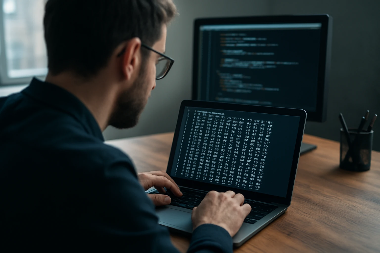 A man coding on a laptop, displaying lines of code on the screen.