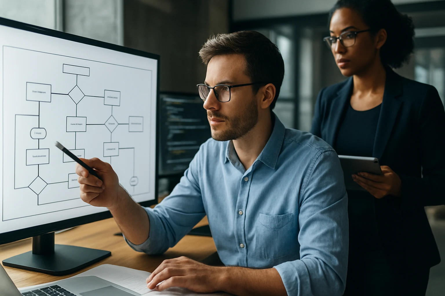 A man analyzes a flowchart on a computer screen while a woman observes.