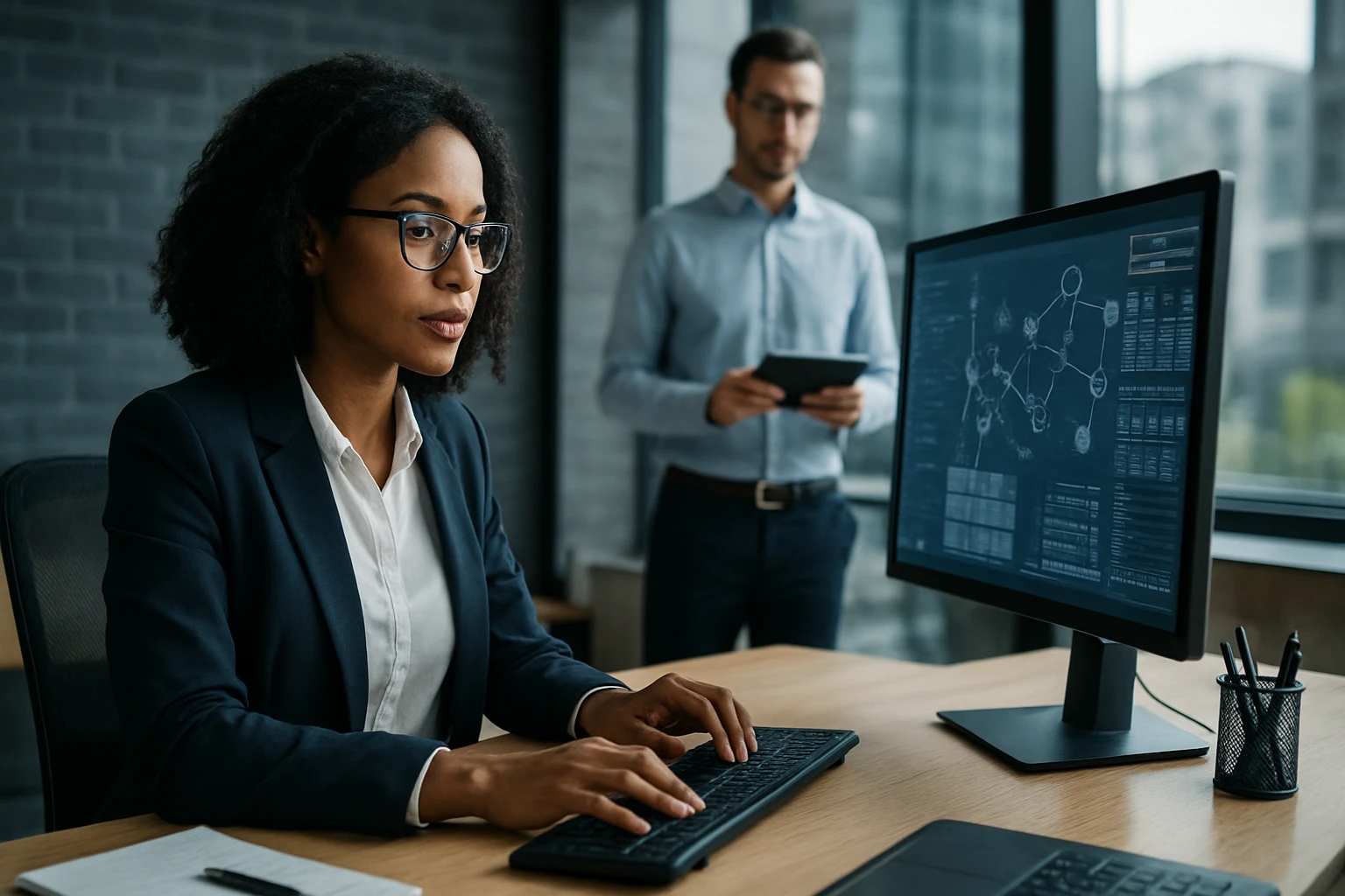 A focused woman in a suit types on a keyboard while a man stands behind her holding a tablet.