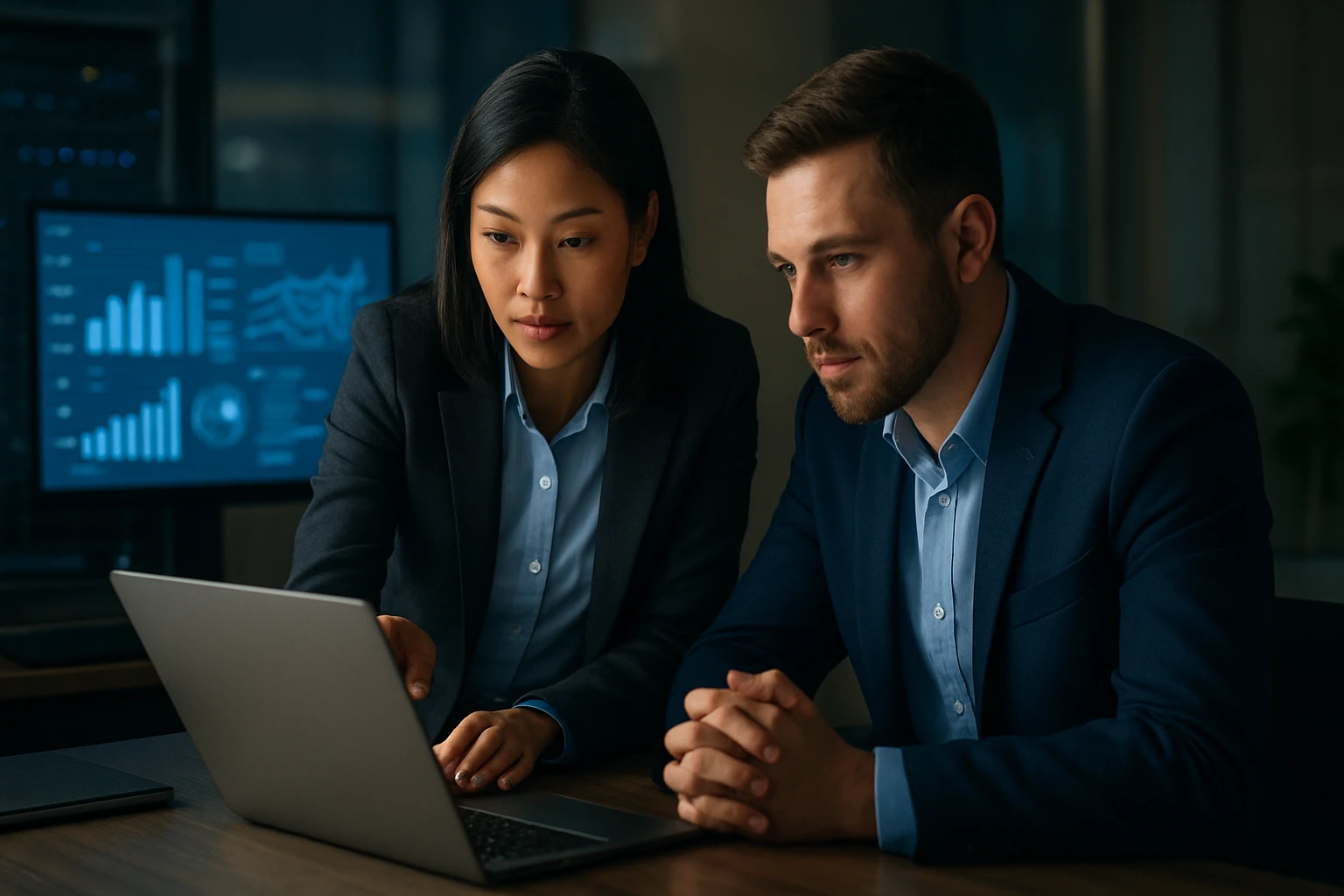 A woman and a man in business attire analyze data on a laptop in a modern office.