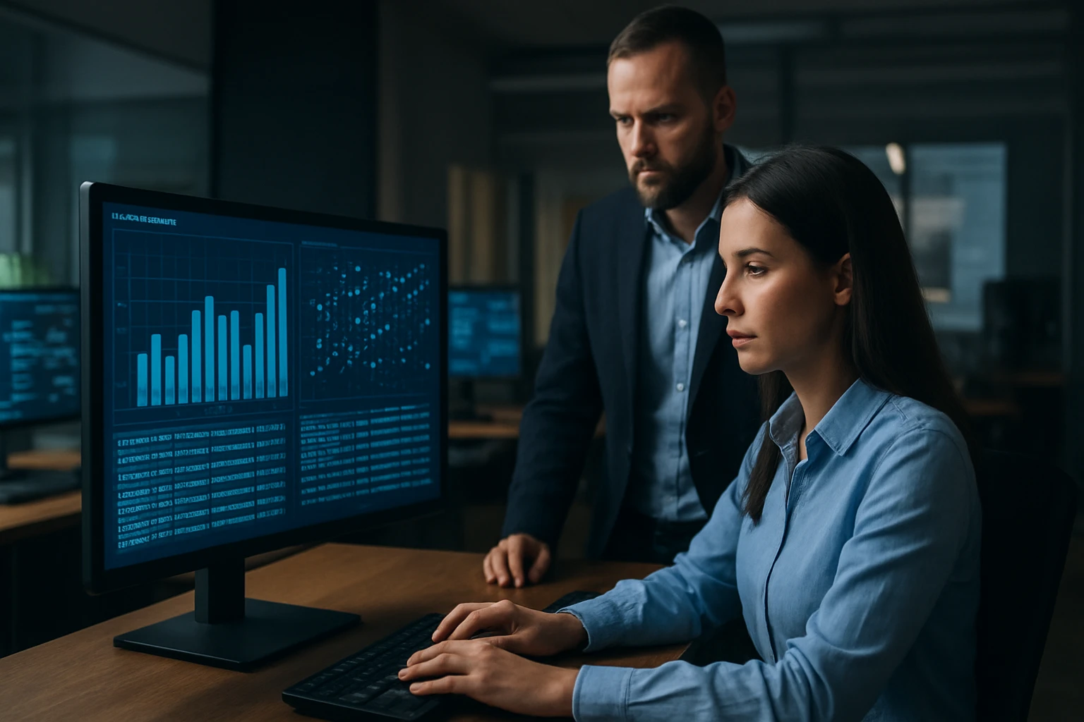 A woman analyzes data on a computer screen while a man observes her work in a tech office.