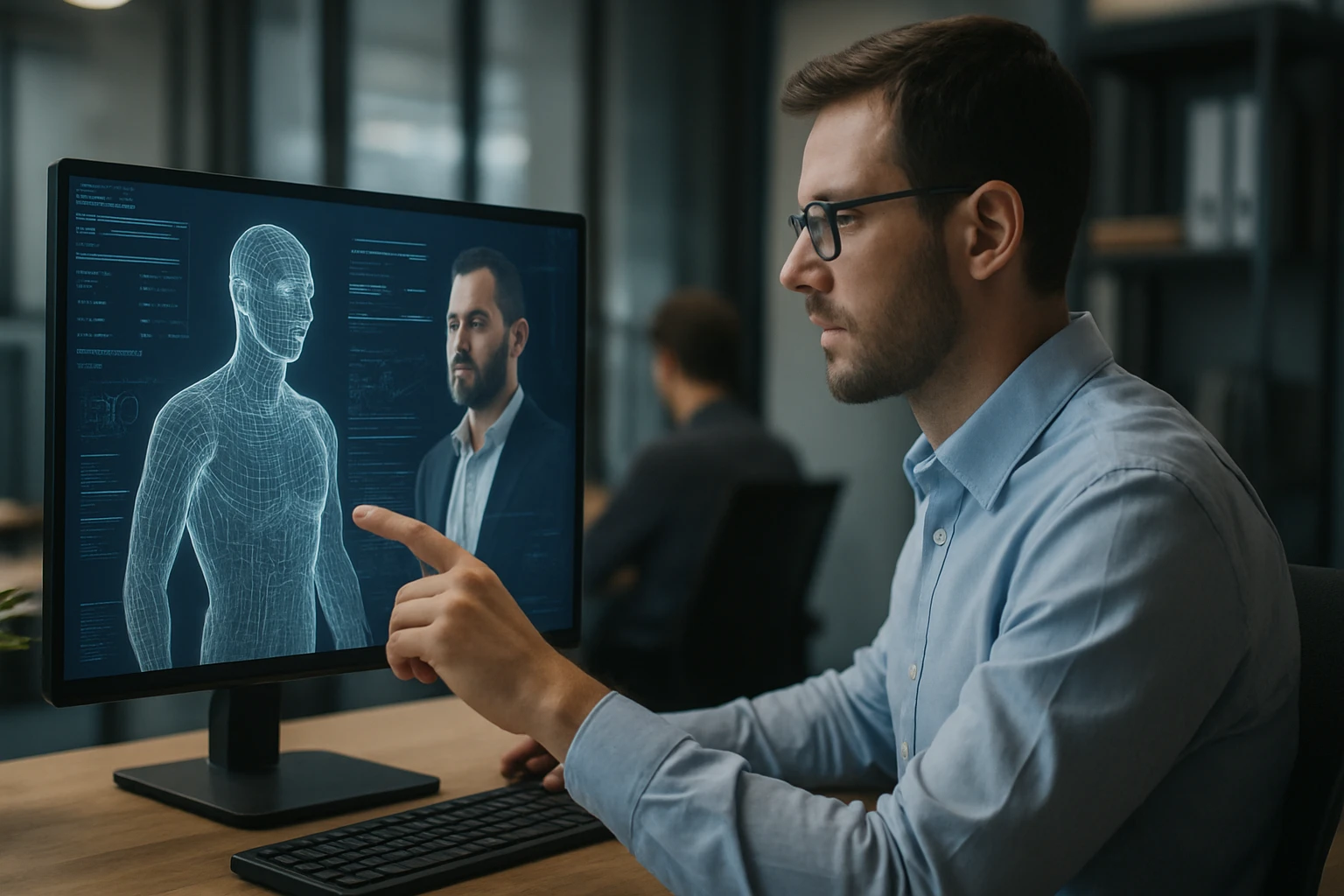 A man interacts with a digital human anatomy model on a computer screen.
