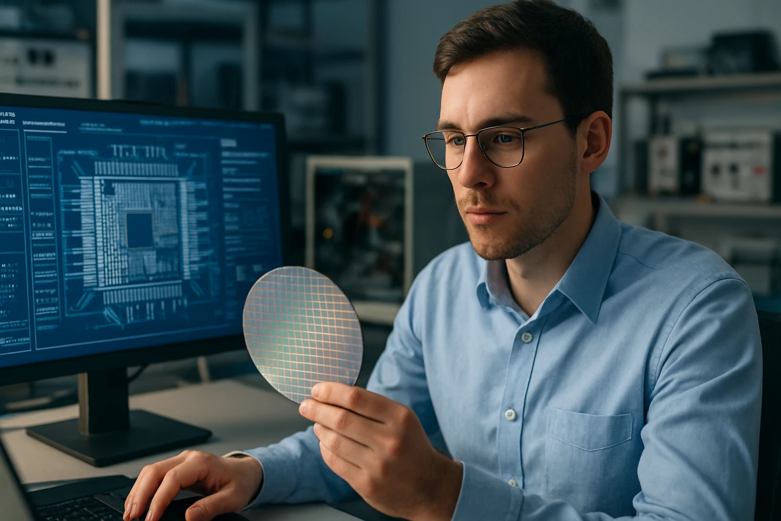A man examines a silicon wafer while working at a computer in a tech lab.