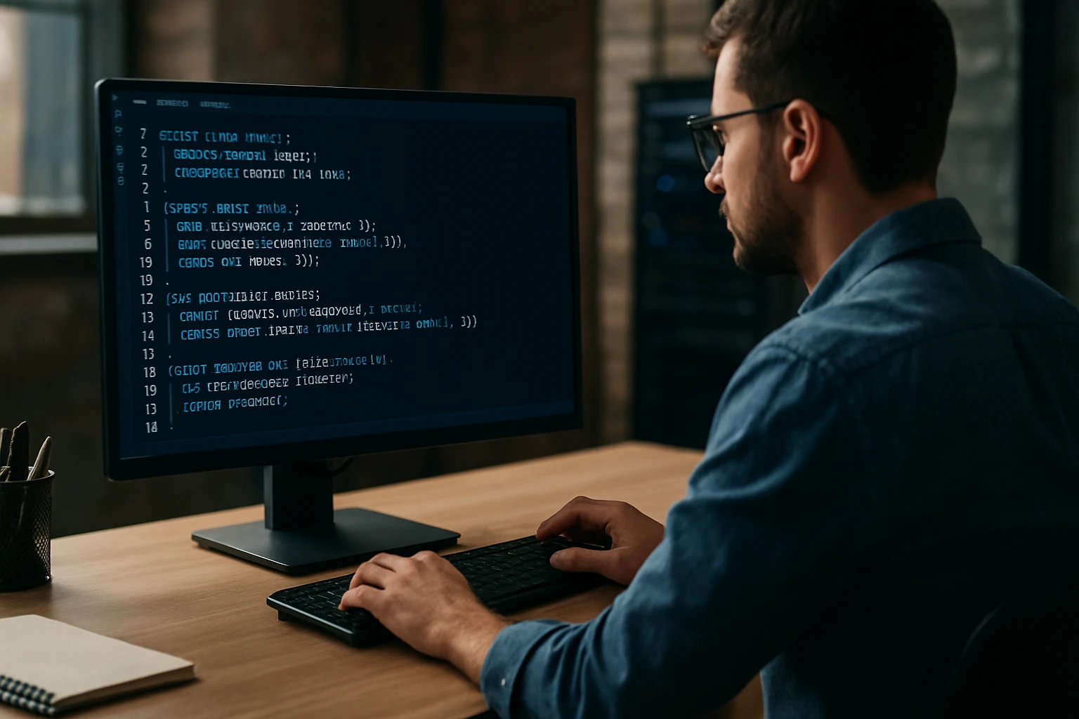 A programmer coding on a computer with a dark-themed code editor.