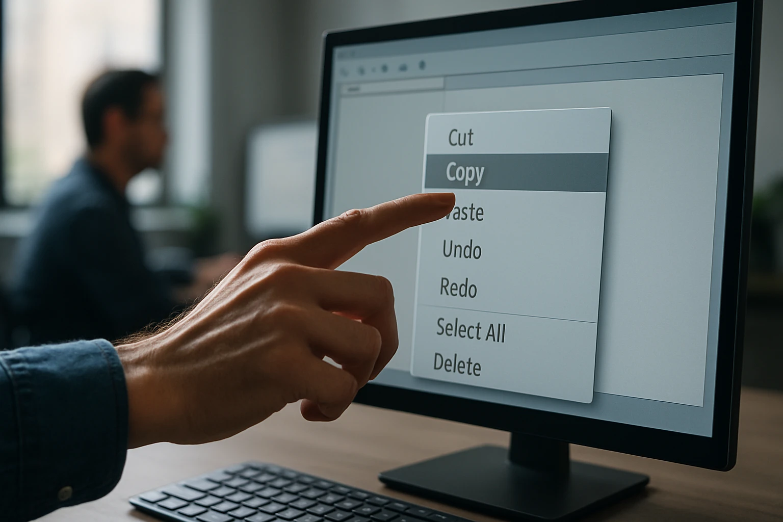 A person selecting the 'Copy' option from a computer screen menu.