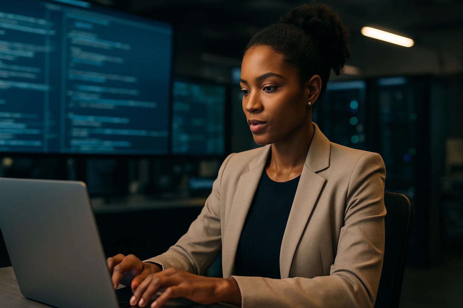 A focused woman in a suit types on a laptop in a tech workspace.