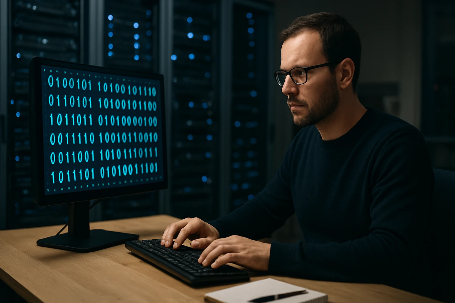 A man in glasses working on a computer with binary code on the screen.
