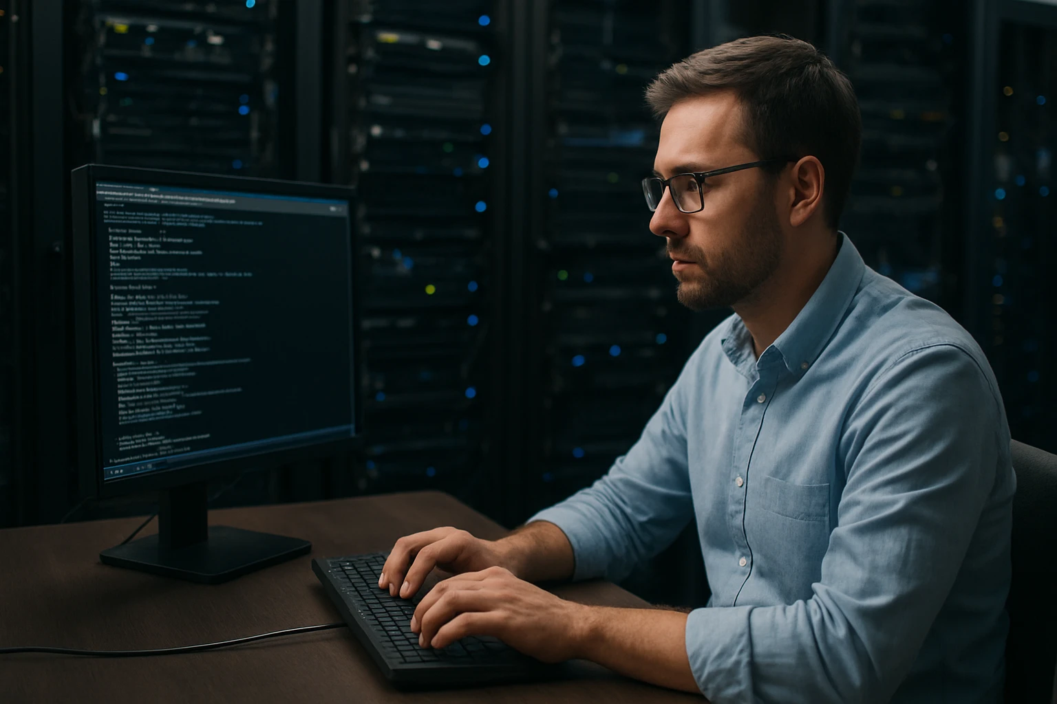 A focused man in a blue shirt working on a computer in a server room.