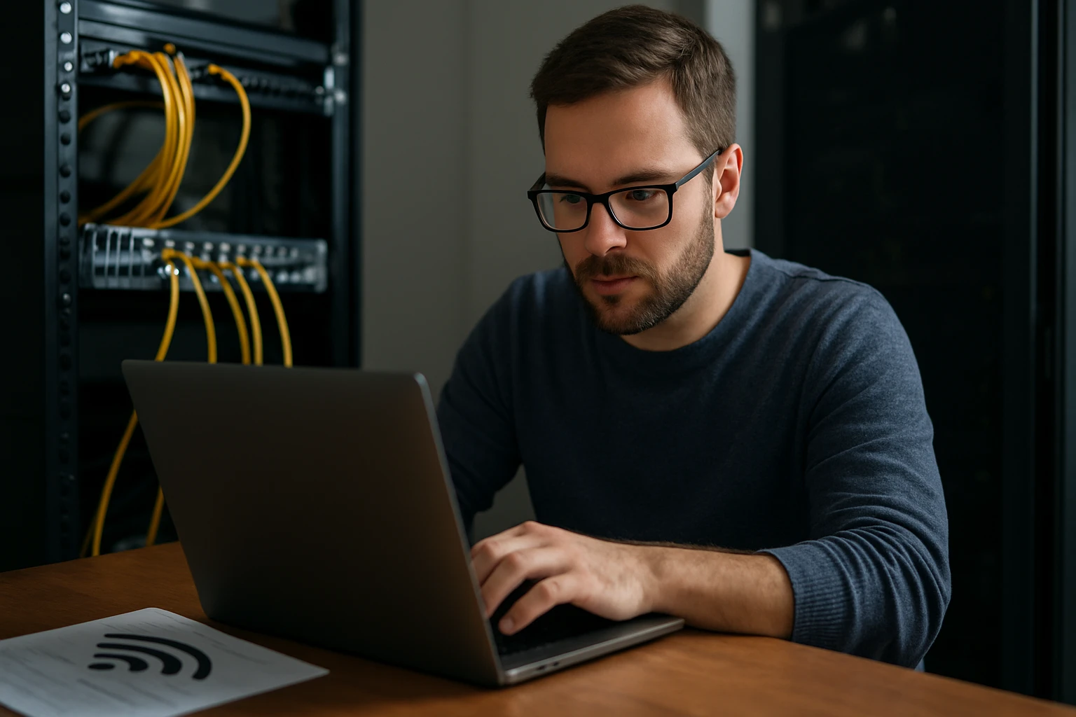 A focused man working on a laptop in a server room with yellow cables.