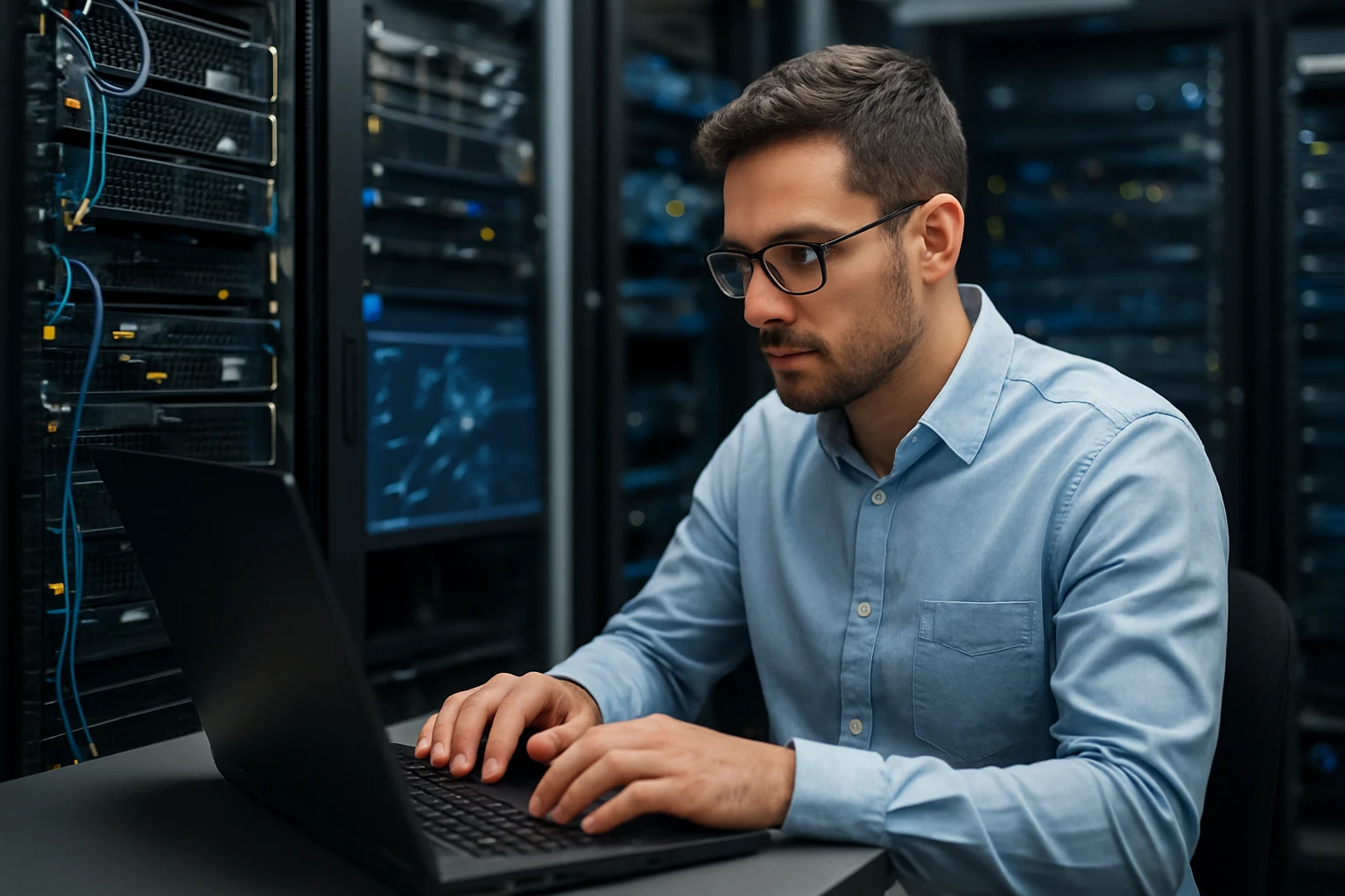 A man in a blue shirt working on a laptop in a server room.