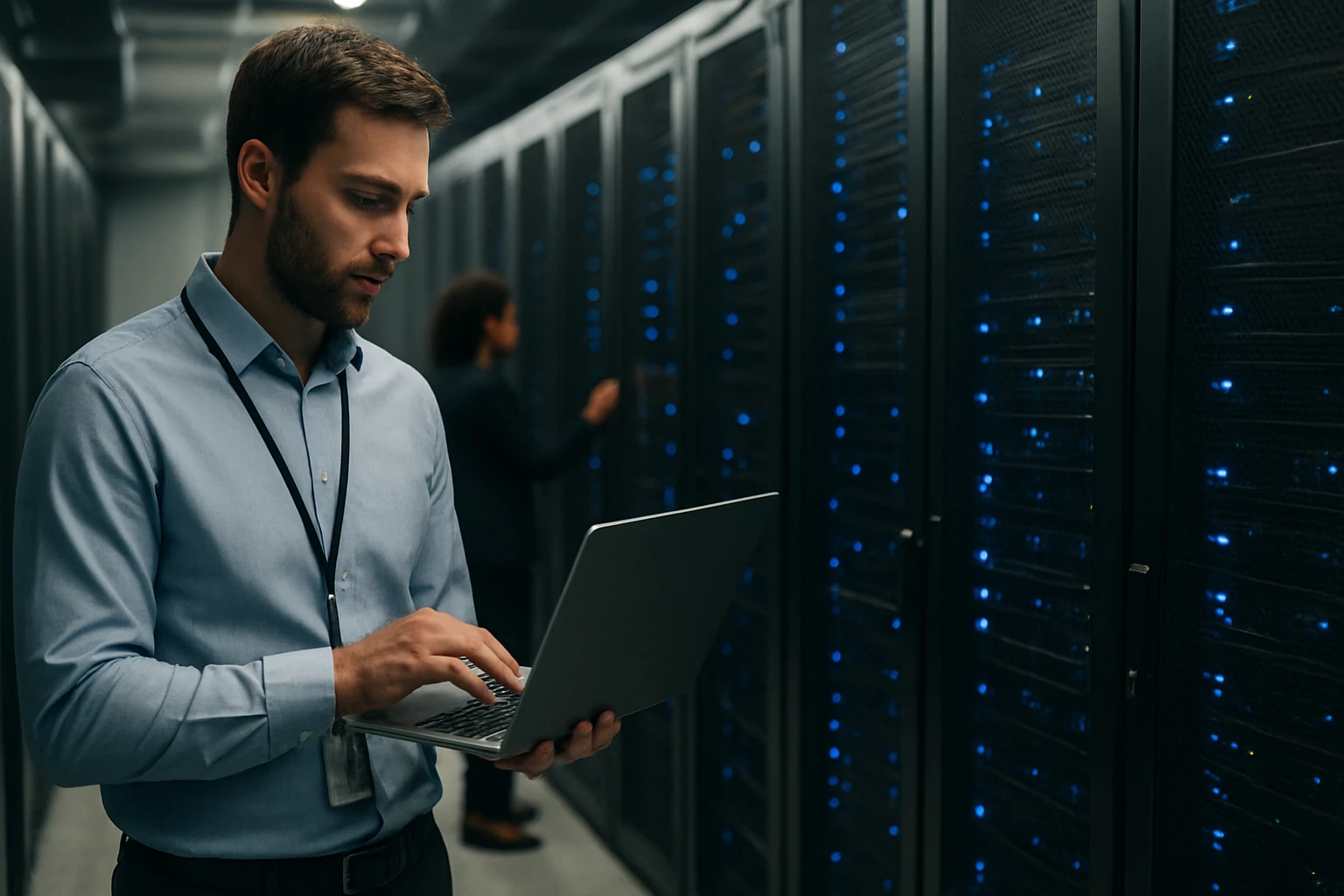 A technician works on a laptop in a server room filled with blue-lit servers.