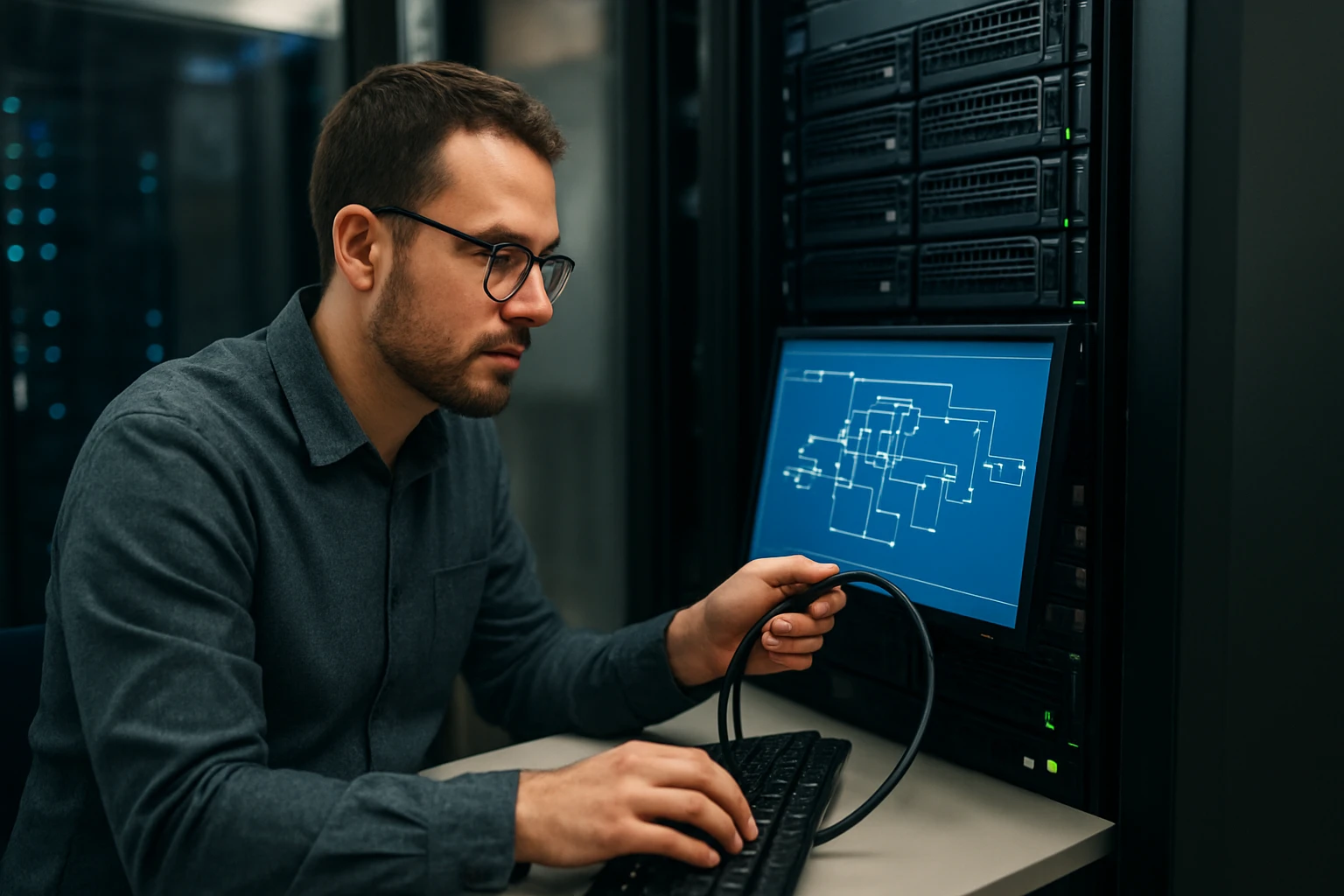 A focused technician works on a computer server, analyzing data on the screen.
