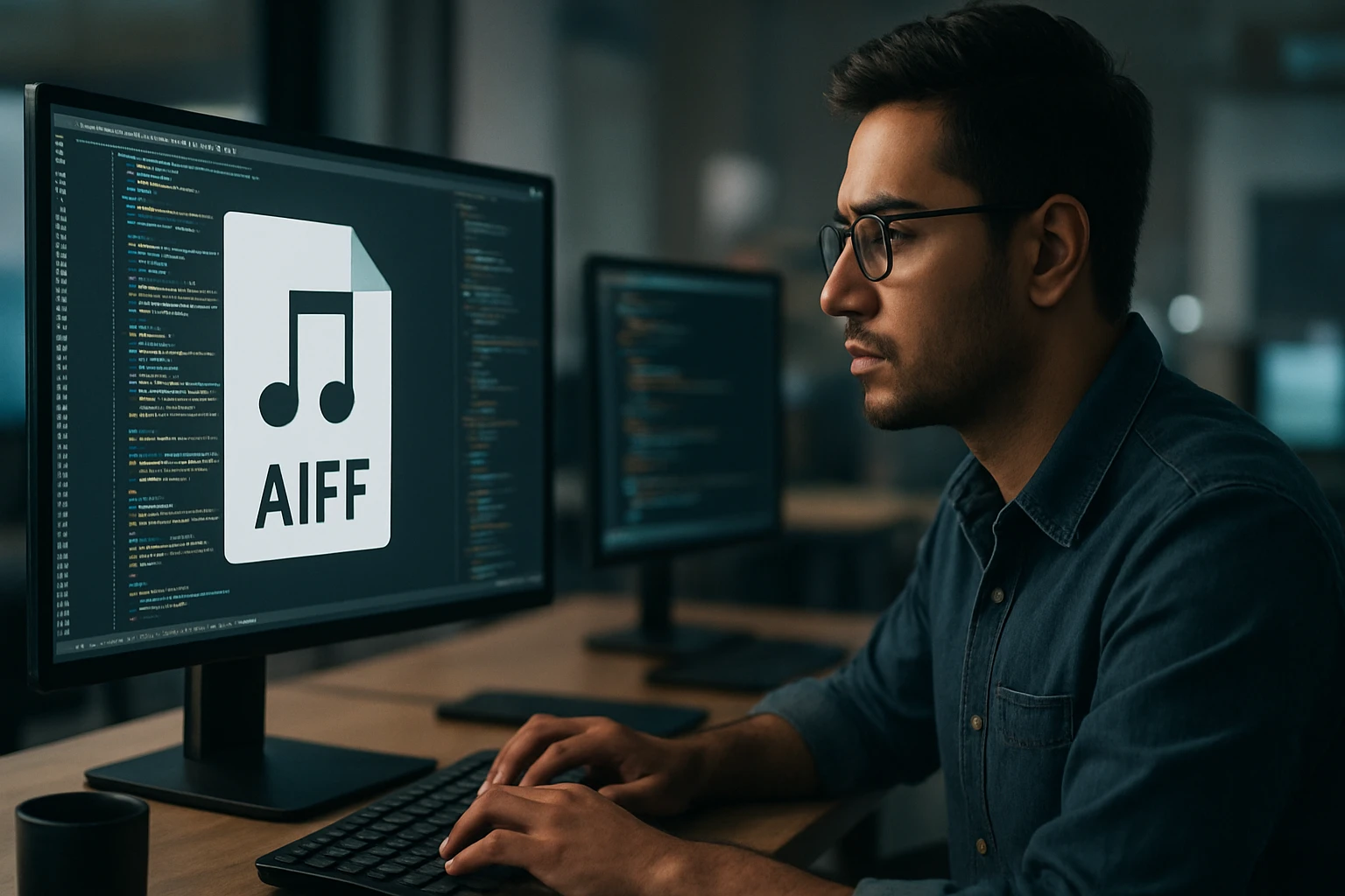 A man working on a computer, focusing on AIFF audio file format coding.