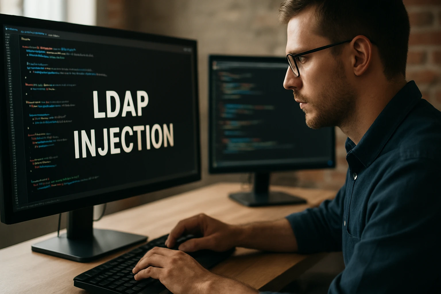 A focused programmer typing on a keyboard, with LDAP Injection displayed on the screen.