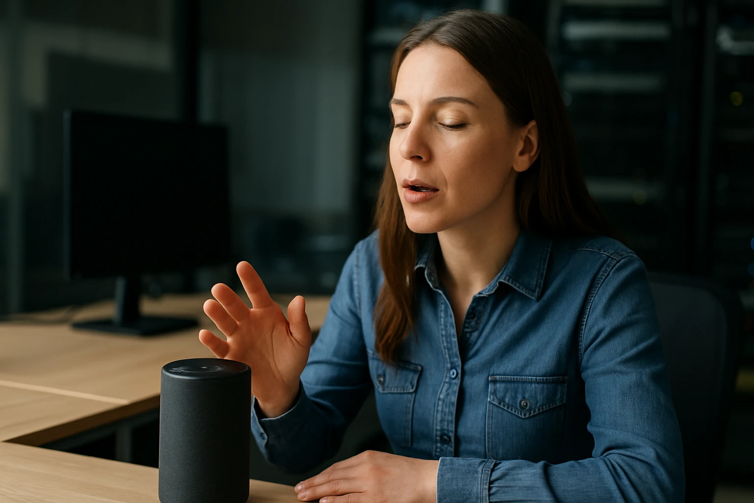 A woman interacts with a smart speaker, demonstrating voice command technology.